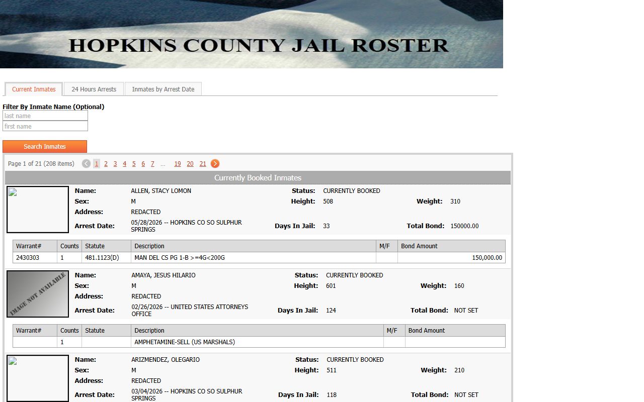 Hopkins County current inmates roster search for inmate records