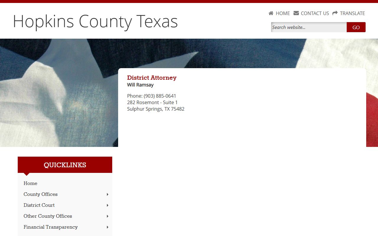Hopkins County District Attorney Will Ramsay contact page