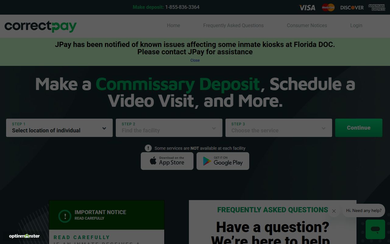 CorrectPay jail funds vendor page used through the Hopkins County Sheriff's Office jail funds link