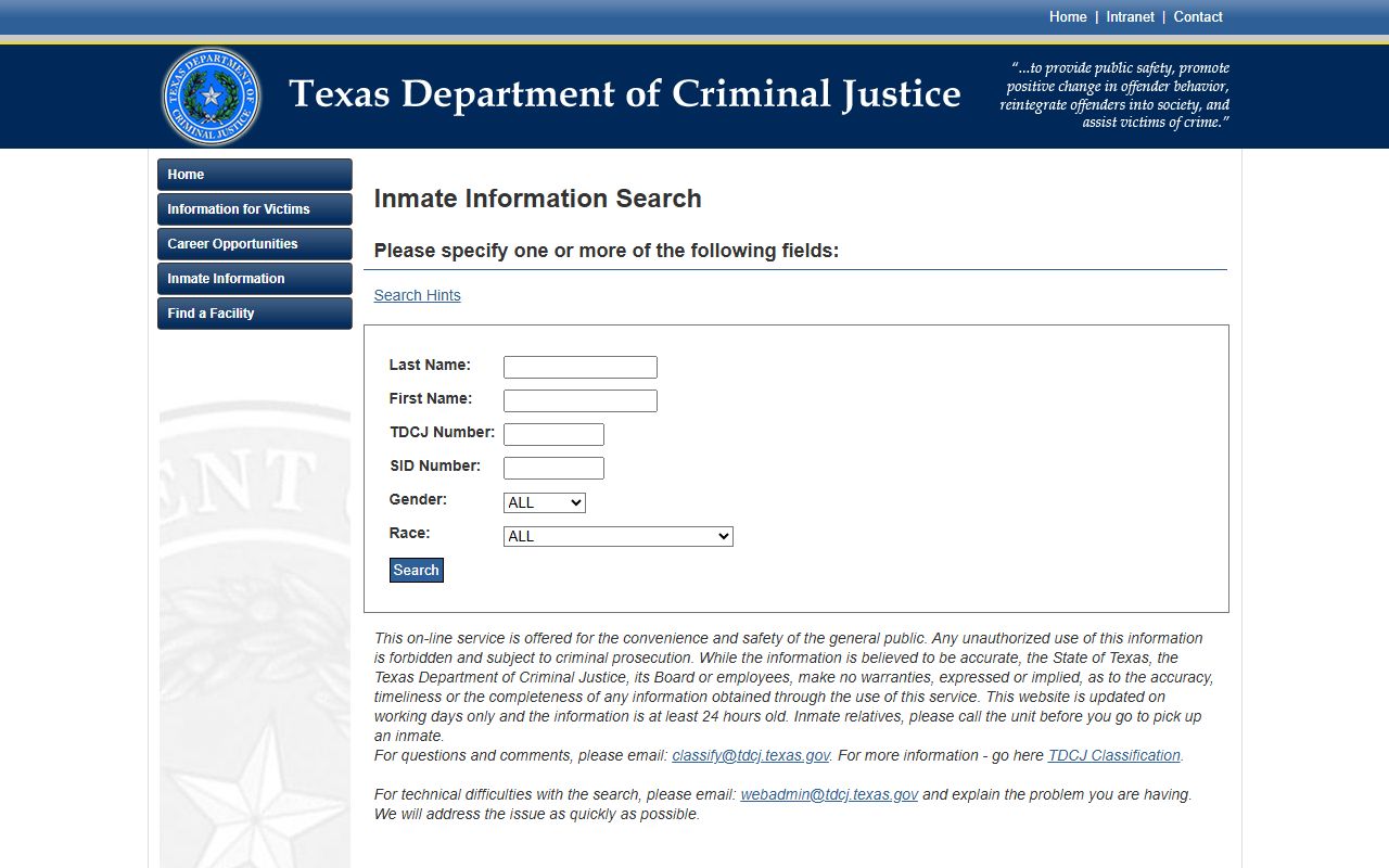 Texas Department of Criminal Justice inmate search page