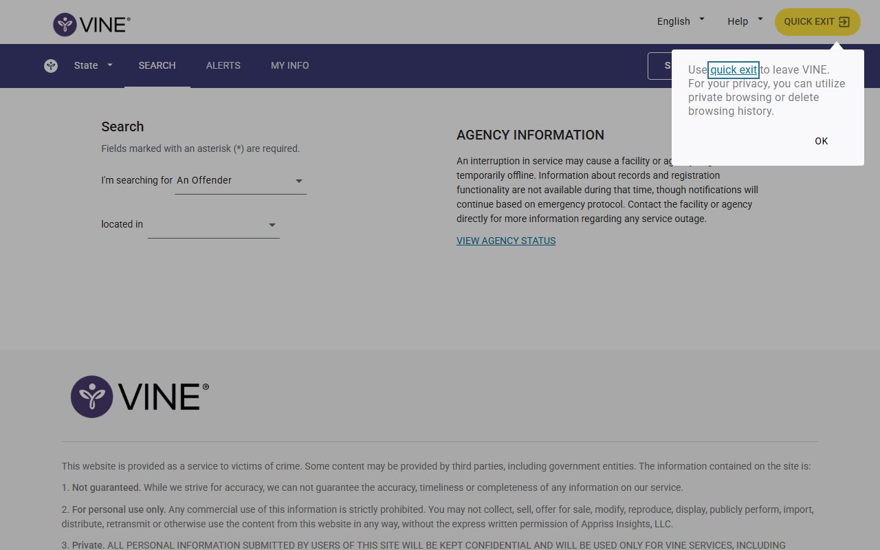 VINELink Texas person search and notification interface